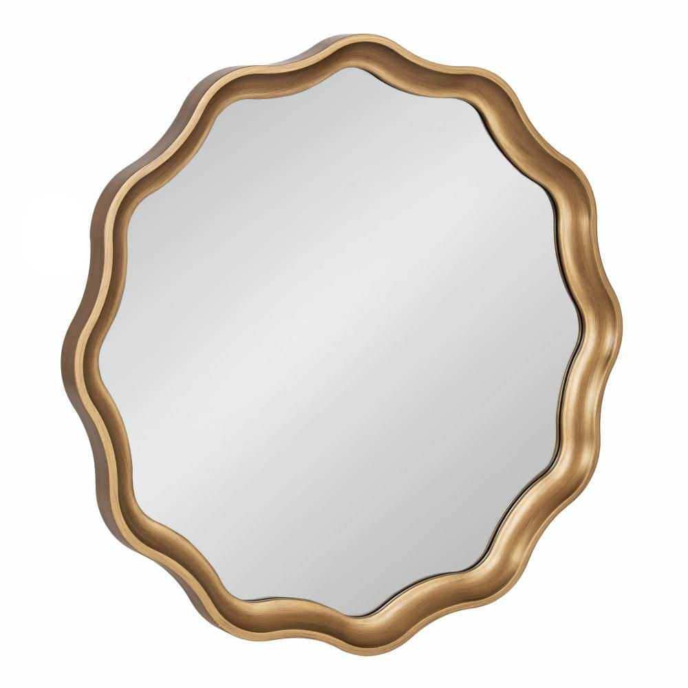Kate and Laurel Hatherleigh Transitional Round Wooden Wall Mirror, 28 Inch Diameter, Gold, Modern Scalloped Wavy Wood Circle Mirror for Use in Bathroom, Entryway, or Bedroom
