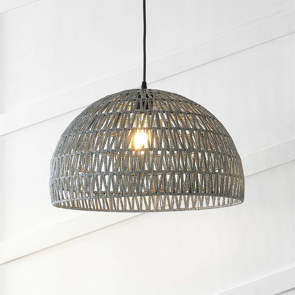 Campana 20" 1-Light Bohemian Modern Woven Rope/Iron LED Pendant, Grey/Black