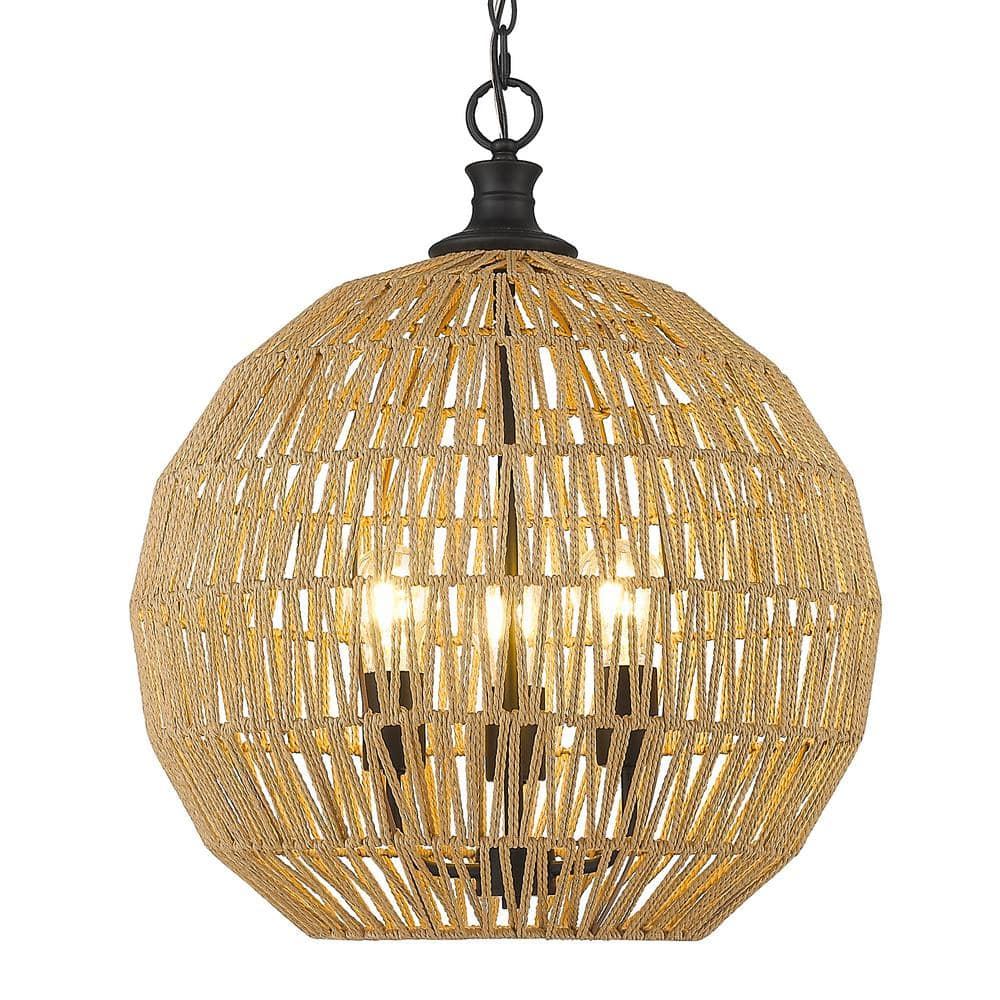 Golden Lighting Florence 3-Light Pendant in Matte Black with Natural Raphia Rope