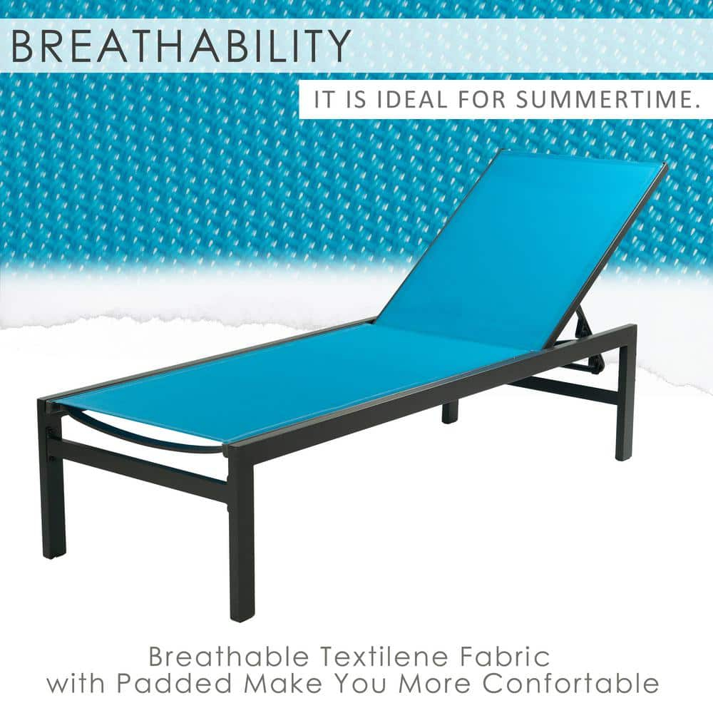 Modern Full Flat Aluminum Patio Reclining Adjustable Chaise Lounge with Blue Sunbathing Textilence, 2-Pack