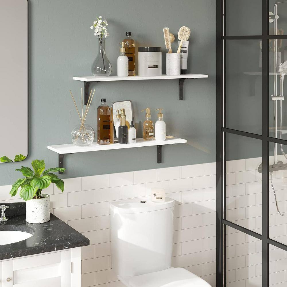 DINZI LVJ Long Wall Shelves, 23.6 Inch Wall Mounted Shelves Set of 2, Easy-to-Install, Wall Storage Ledges with Sturdy Metal Brackets for Living Room, Bathroom, Bedroom, Kitchen, White