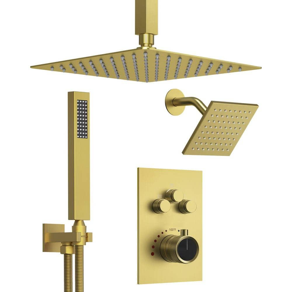 GRANDJOY Dual Wall Mount Rainfall Shower Head System Adjustable 12 inch & 6 inch Shower Faucet Set with Handheld Shower Spray Thermostatic Pressure Balance Value, Brushed Gold