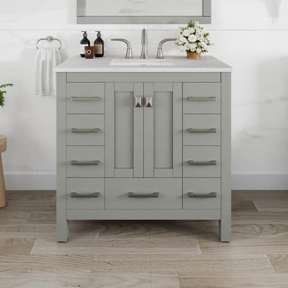 Eviva Hampton 36" Gray Transitional Bathroom Vanity w/ White Carrara Top