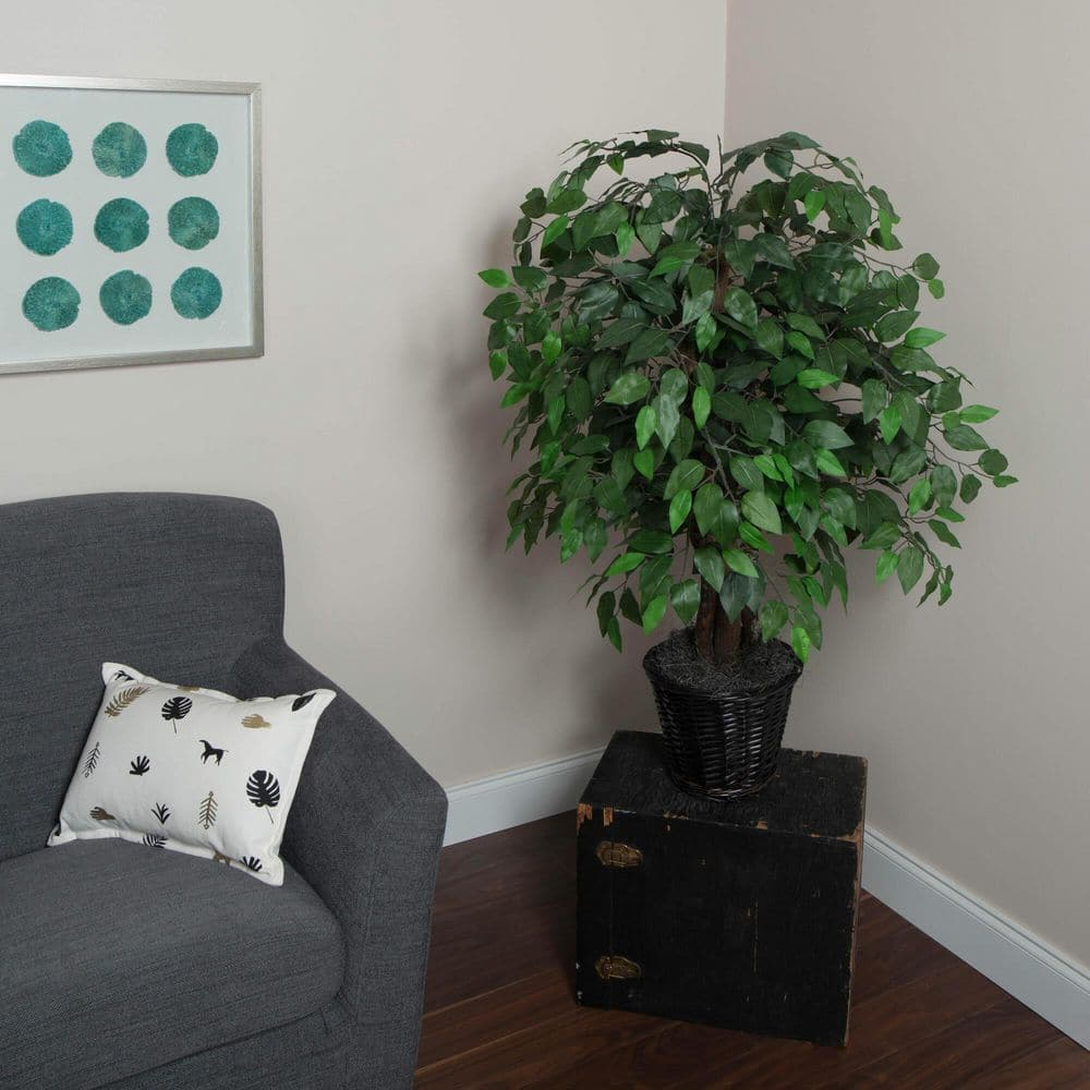 Elegant 4ft Silk Ficus Floor Plant in Wood Planter