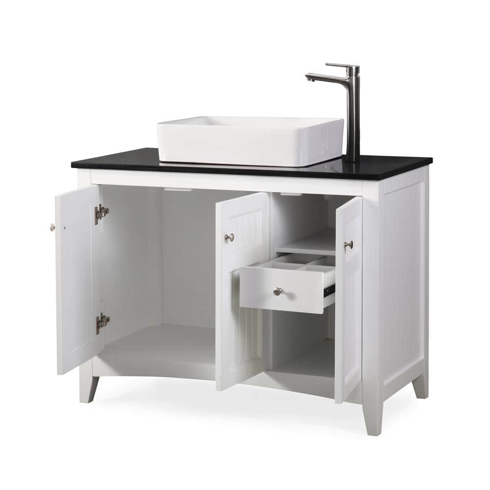 Benton Collection 42" Triadsville White Vanity with Black Granite Top, Vessel Style Bathroom Sink, Soft-Closing Doors, Full Extension Drawer, Brushed Nickel Hardware