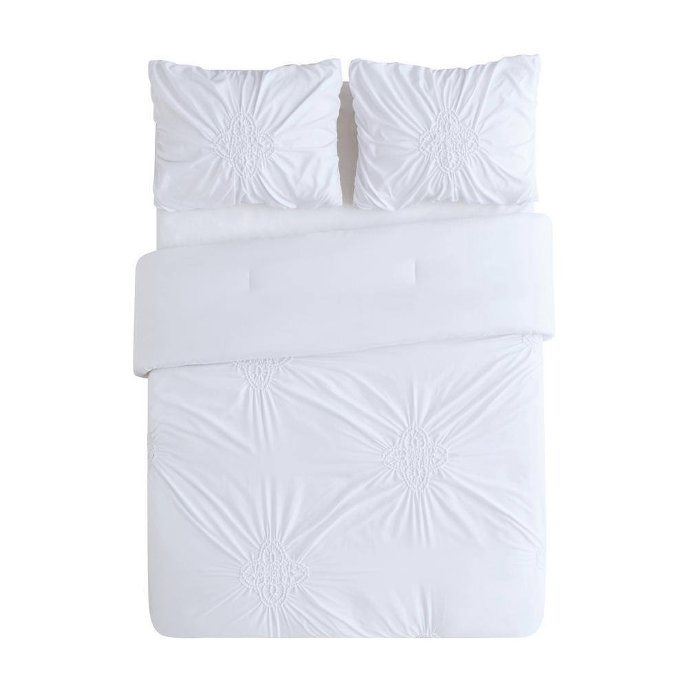 White Microfiber King Ruffled Duvet Cover Set with Shams