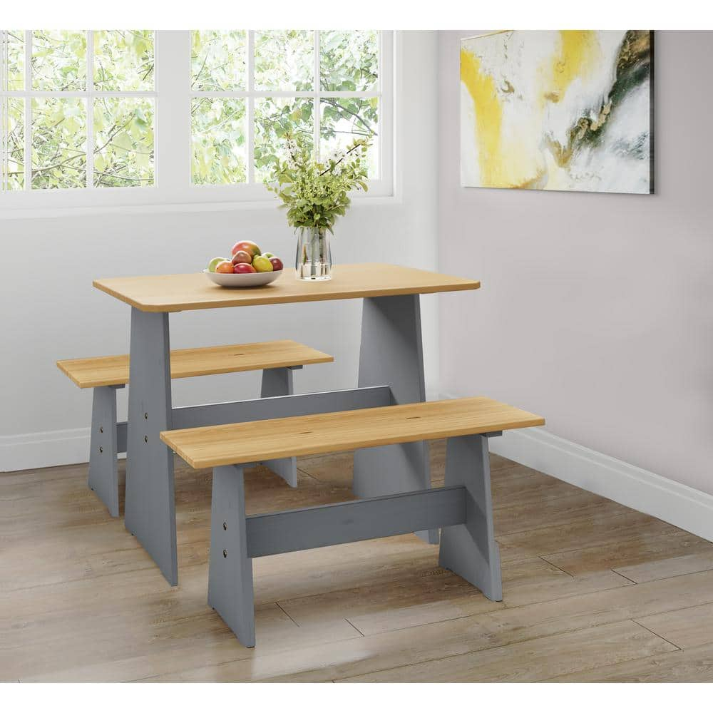 Urban Home Furniture Chapman 3 Piece Casual Dining 2-Tone Natural/Grey Solid Pine Wood Kitchen Table Set with 2 Benches, Kitchen Dining Set