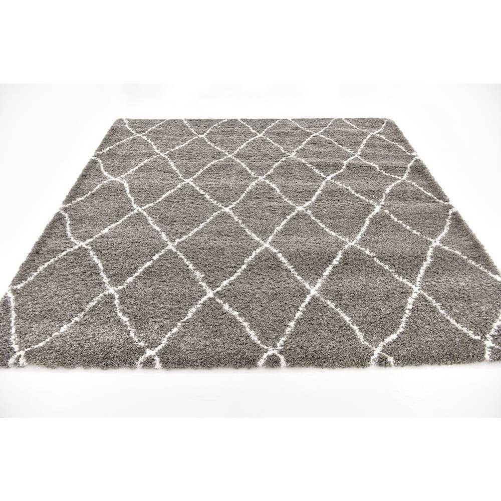 Gray Square Trellis Shag Synthetic Indoor Rug