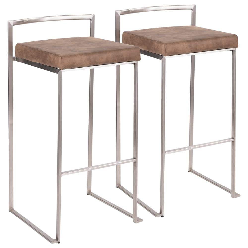 Fuji Contemporary Stackable Barstool in Stainless Steel with Brown Cowboy Fabric Cushion by LumiSource - Set of 2
