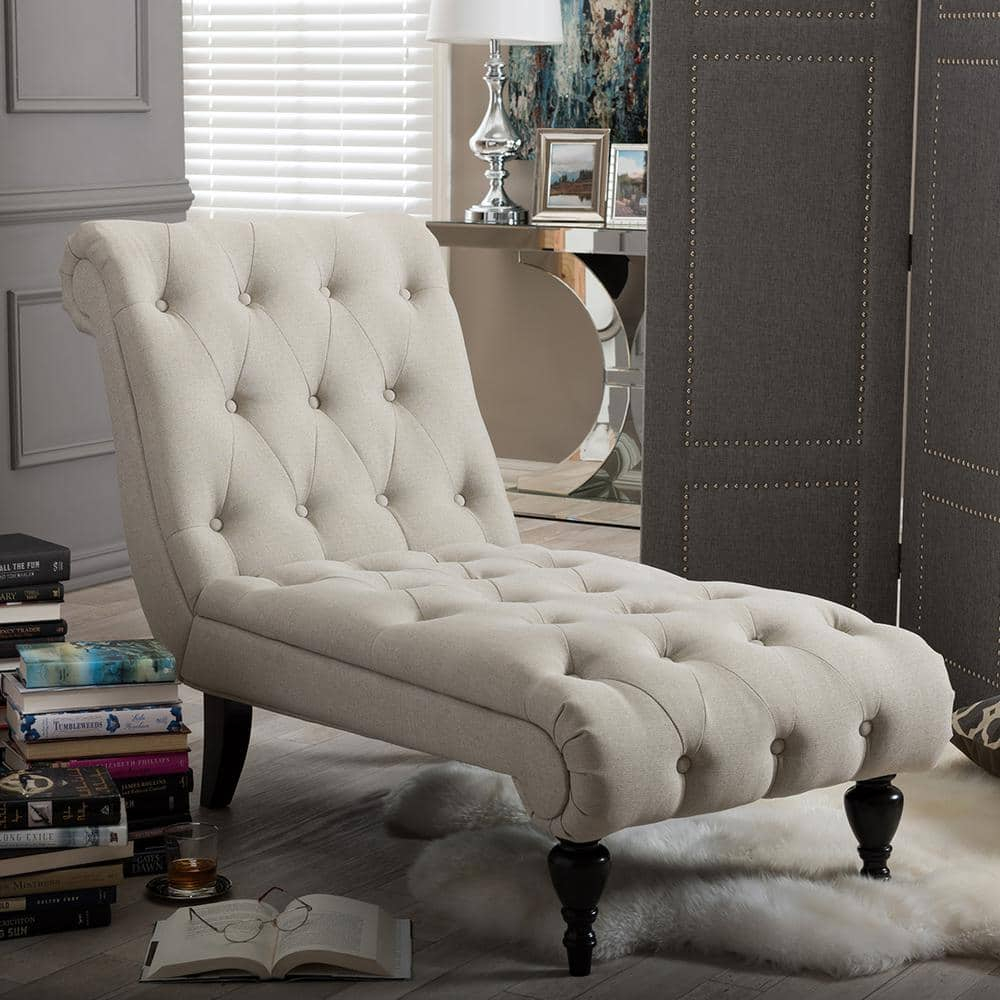 Baxton Studio Layla Mid-century Modern Light Beige Fabric Upholstered Button-tufted Chaise Lounge