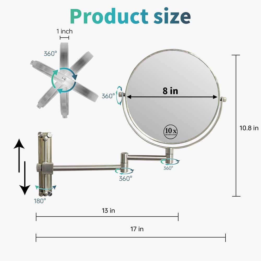 8 Inch Height Adjustable Wall Mounted Makeup Mirror 1X/10X Magnifying Double-Sided with 360° Swivel Arm Brushed Nickel for Bathroom and Home Use,LM-LS8DCN-SS