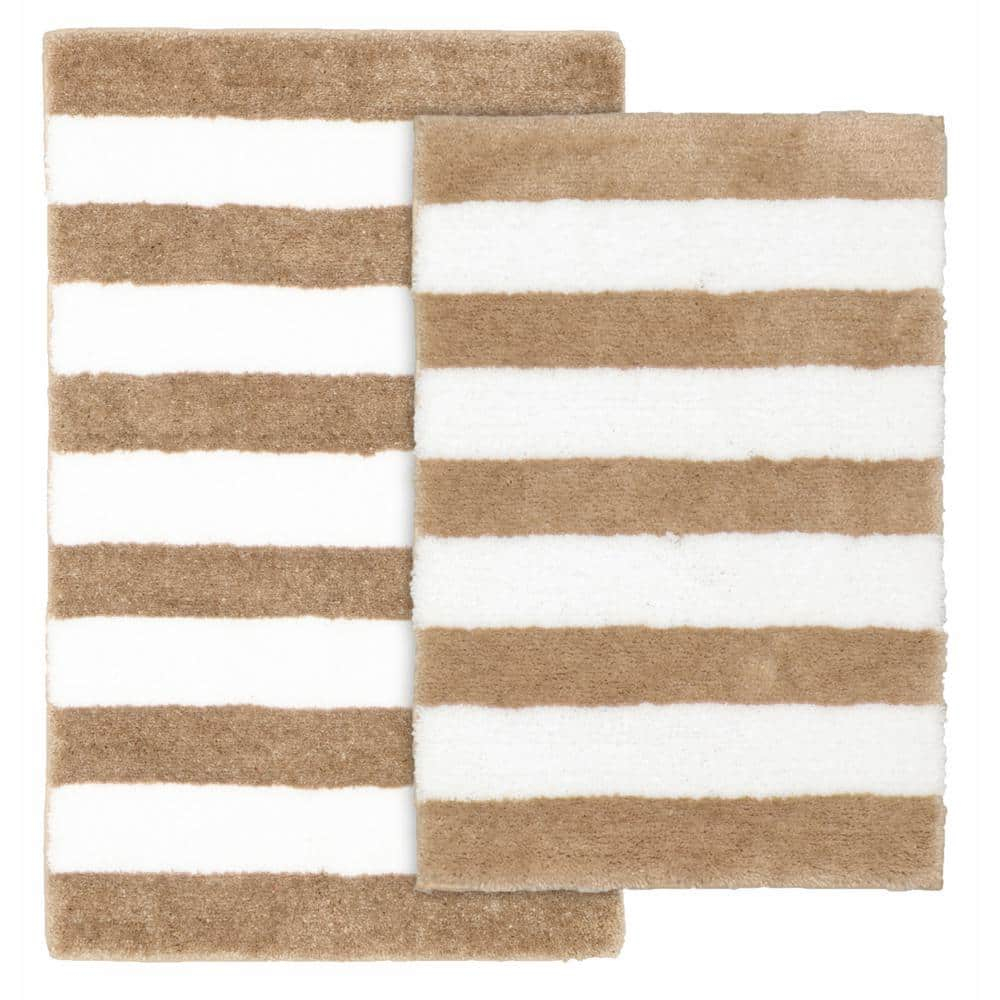 Garland Rug Beach Stripe Washable Bath Rug Set, 2 Piece Set (17"x24" Bath Rug, & 21"x34" Bath Rug) Tan/White