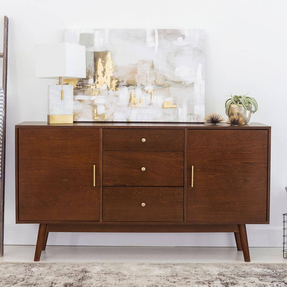 Walker Edison Mid Century Modern-TV Stand Console with 3 Drawers and Closed Cabinet Storage, 60", Walnut