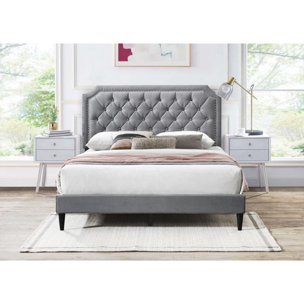 Urban Home Furniture Ava Plush Velvet Tufted Buttoned Upholstered Headboard Clipped Edge Nailhead Decorated Platform Bed Frame with Wood Slats Support Legs Full - Beige