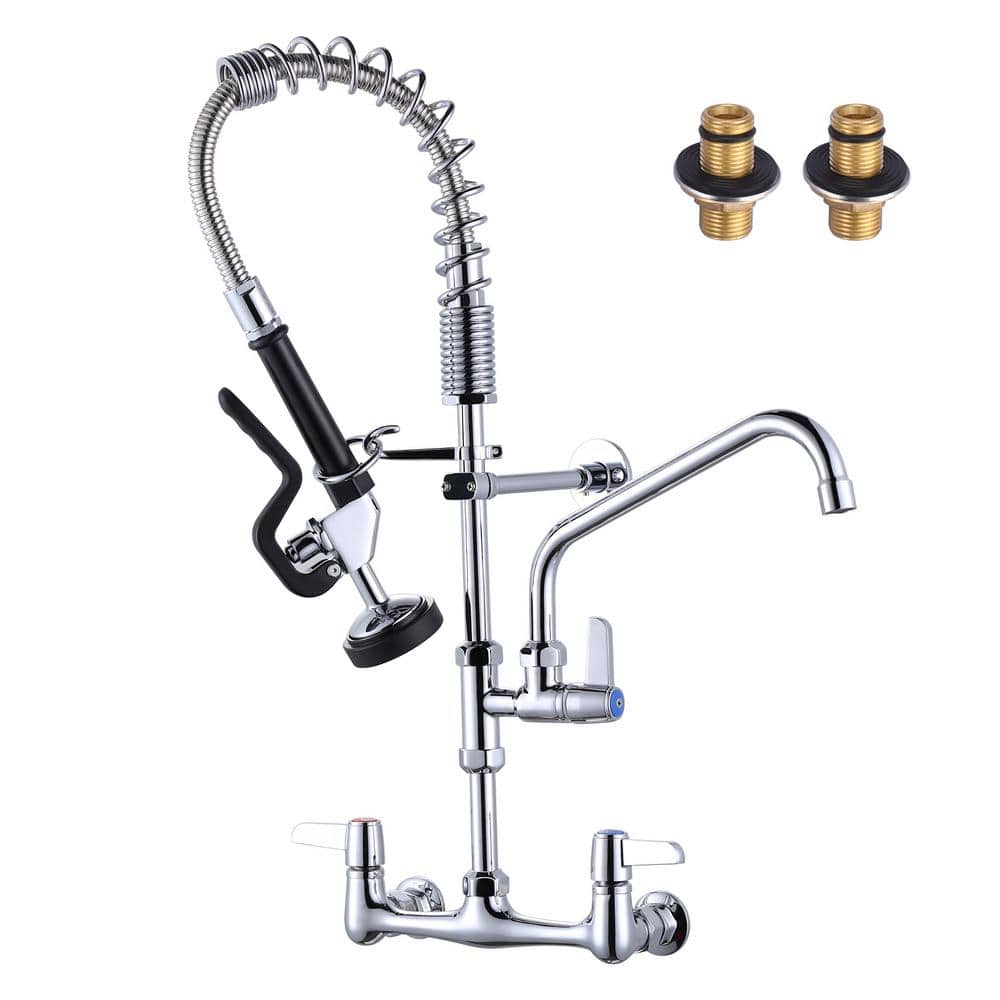 Commercial Kitchen Sink Faucet with Pull Down Sprayer, Pre-Rinse Wall Mount Faucet Chrome Commercial Kitchen Faucets with Sprayer 25" Height Water Faucets with 9.6" Add-on Swing Spout for Restaurant