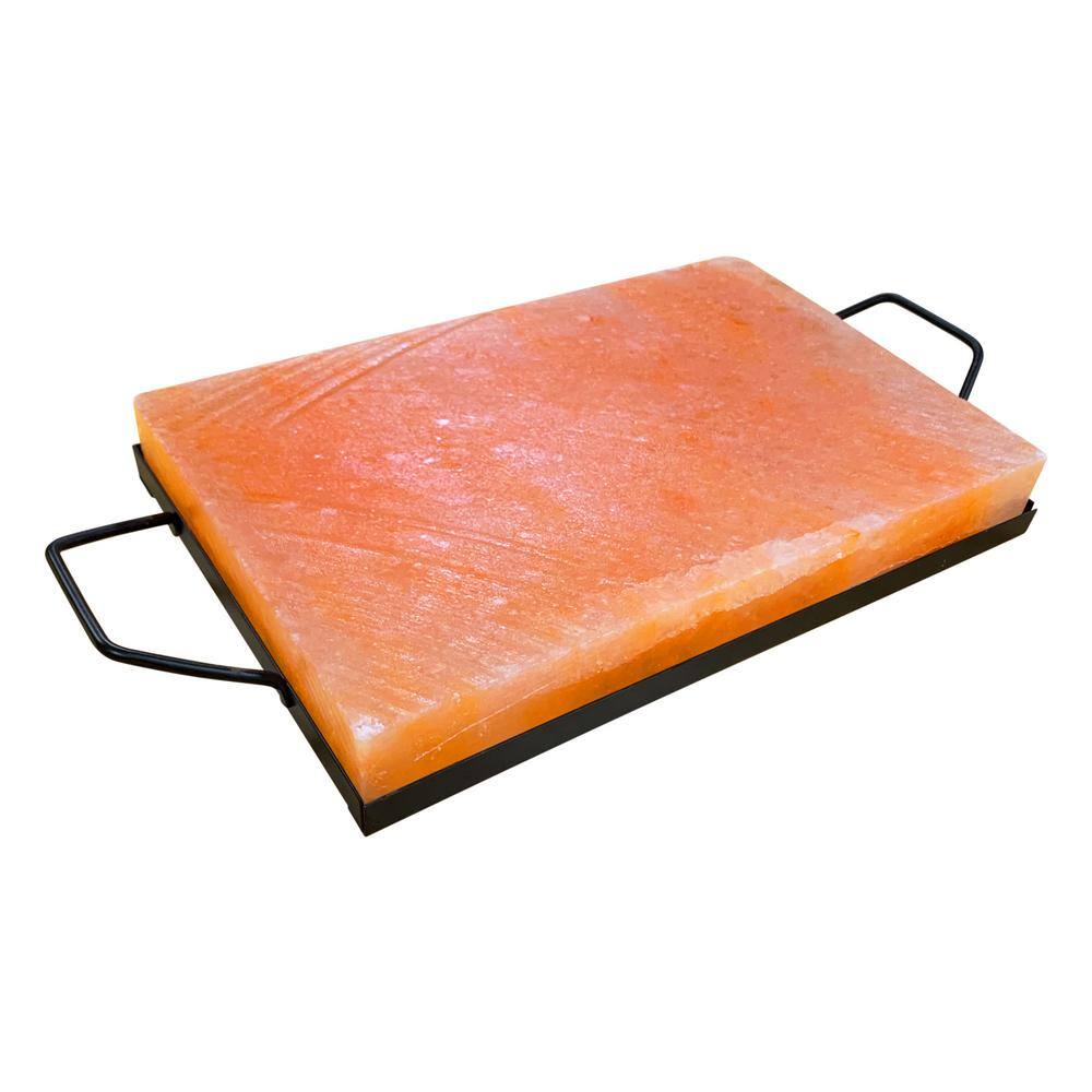 Outset Pink Himalayan Salt Plank with Holder Tray for Cooking, Grilling, Serving and Cutting, 12" x 8" x 1.5" Block, 17" including Handles