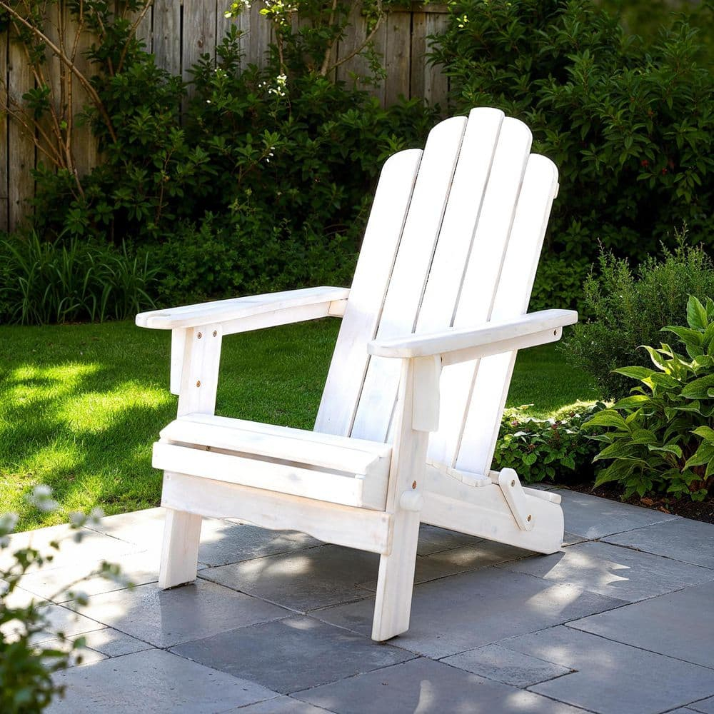 Outdoor Wood Adirondack Chair with Wine Glass Holder in White Wash