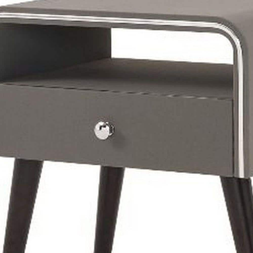 Curved Edge 1 Drawer Nightstand with Chrome Trim, Gray & Brown