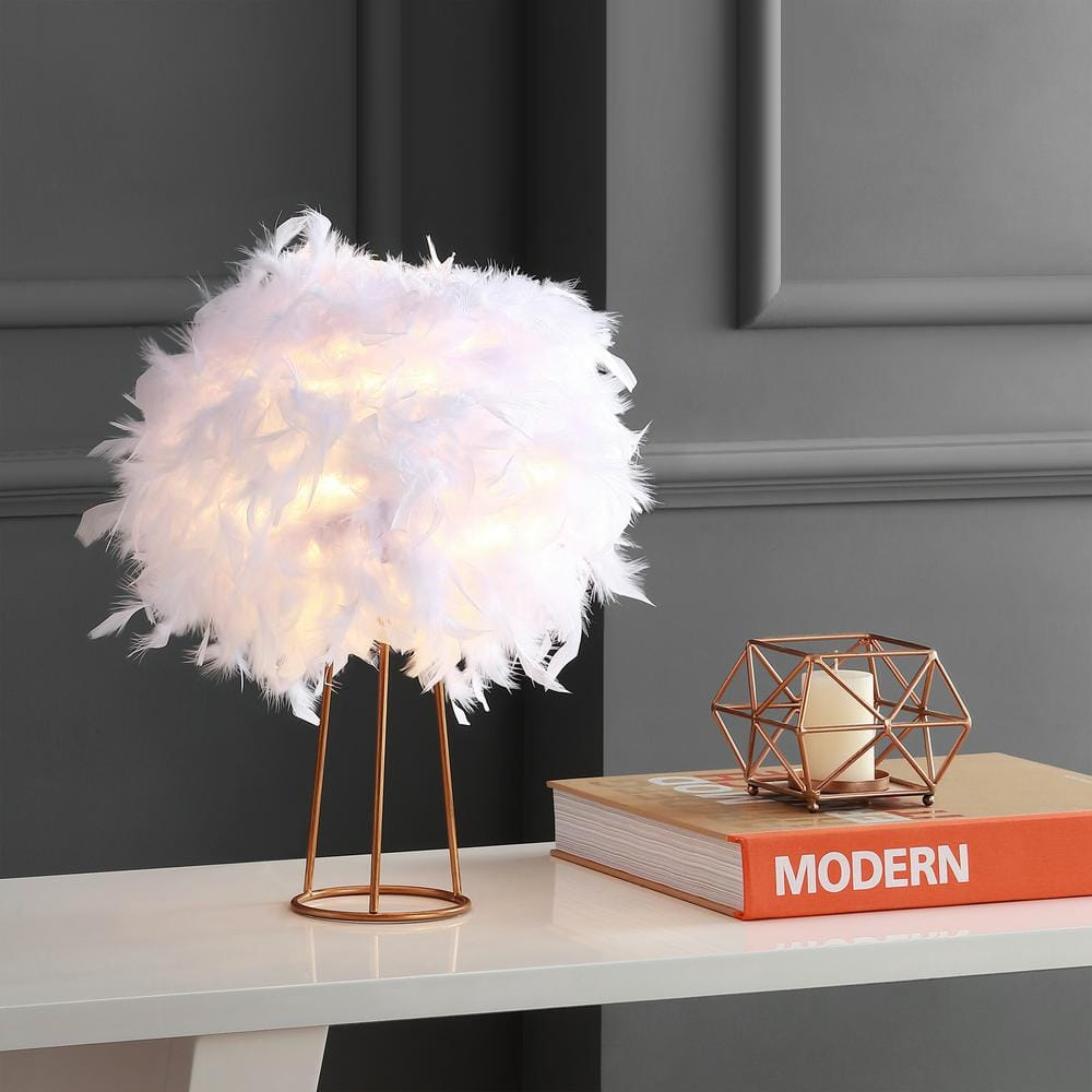 JONATHAN Y JYL9051A Stork 16" Feather Metal LED Table Lamp Contemporary Bedside Desk Nightstand Lamp for Bedroom Living Room Office College Bookcase LED Bulb Included, White/Gold