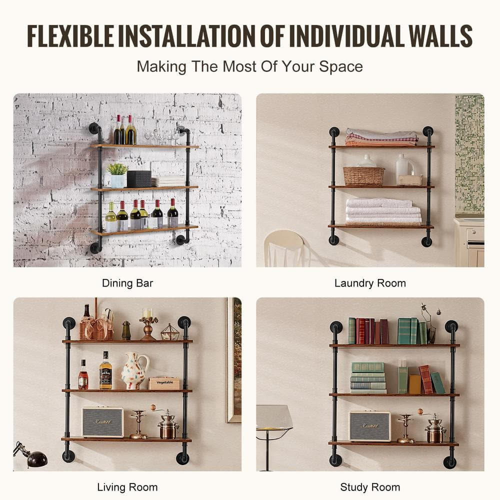 VEVOR Industrial Pipe Shelf, 3 Tier 32x7.87in, Wall-Mount Floating Rustic Wood Shelves Bracket Display Bookshelf, Storage Rack Sundries Holder for Kitchen Bedroom Bathroom Living Room, Black
