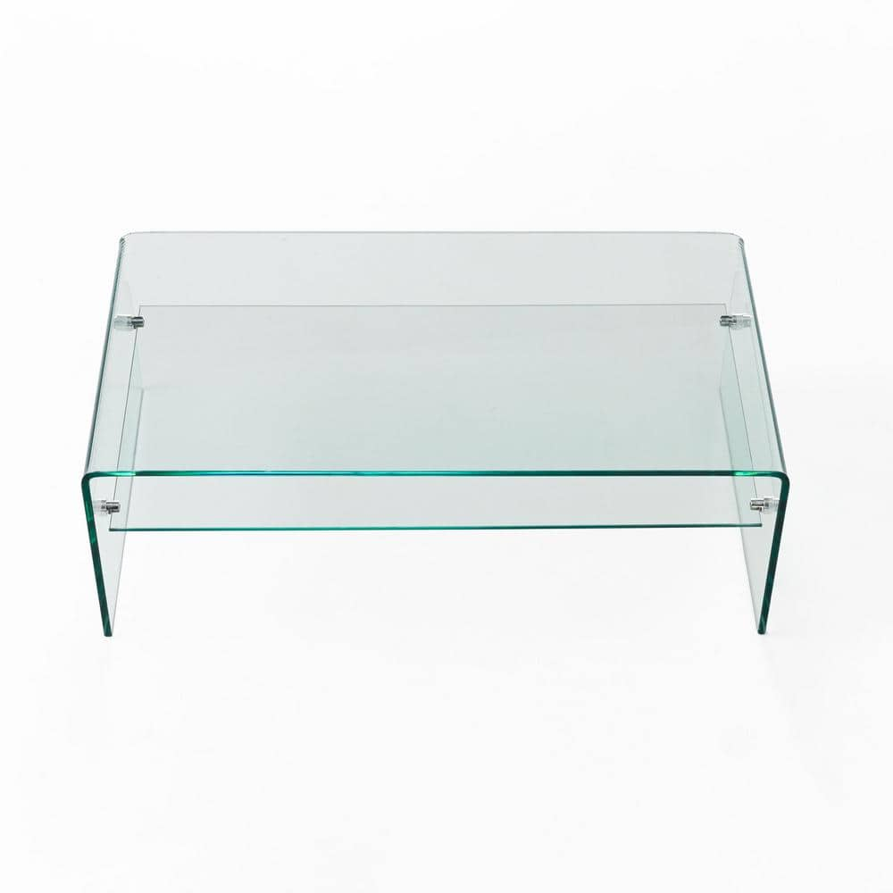 Sleek Mirage 39.4" Clear Tempered Glass Rectangular Coffee Table with Shelf