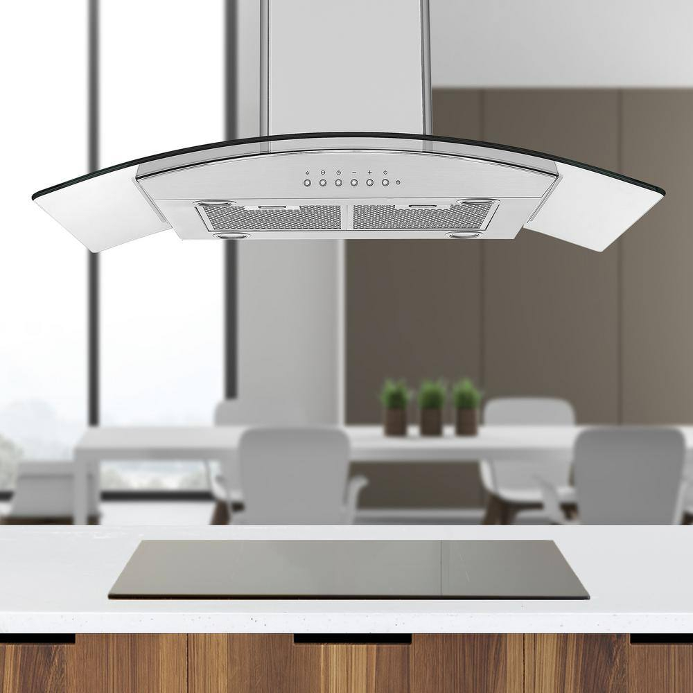 Ancona Convertible Island Glass Canopy Range Hood, Night Light Feature, 36 in.