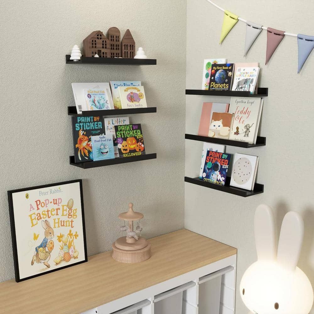 Floating Shelves Set of 6, Black Wall Shelves with Lip, Display Shelves for Wall Decor, Modern Picture Ledge for Living Room, Bedroom, Nursery, Bathroom, Pictures, Books, Plants- Black
