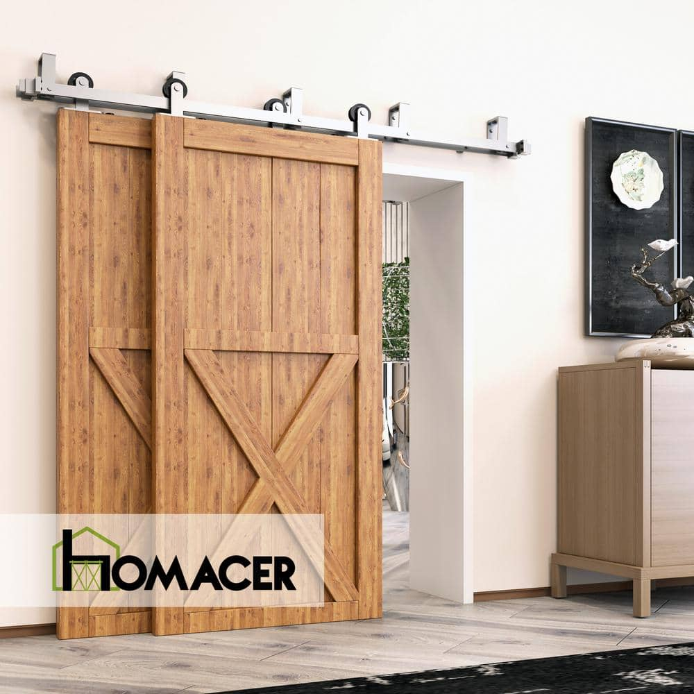 Homacer Brushed Nickel Double Track U-Shape Bypass Sliding Barn Door Hardware Kit, for Two/Double Doors, 6.6ft Long Flat Track, T-Shape Design Roller, Heavy Duty, for Interior & Exterior Use