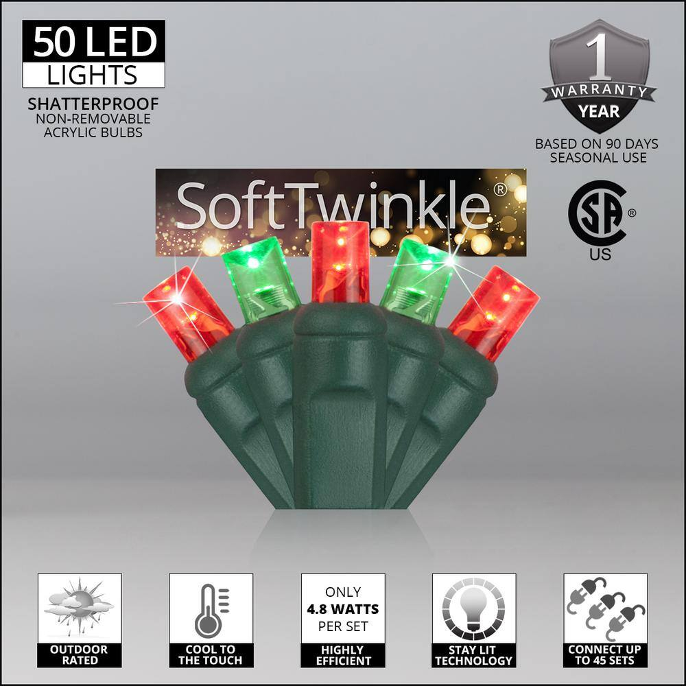SoftTwinkle LED Red and Green Christmas Mini Twinkle Lights, 50 CT, 17 ft, Green Wire, Connectable
