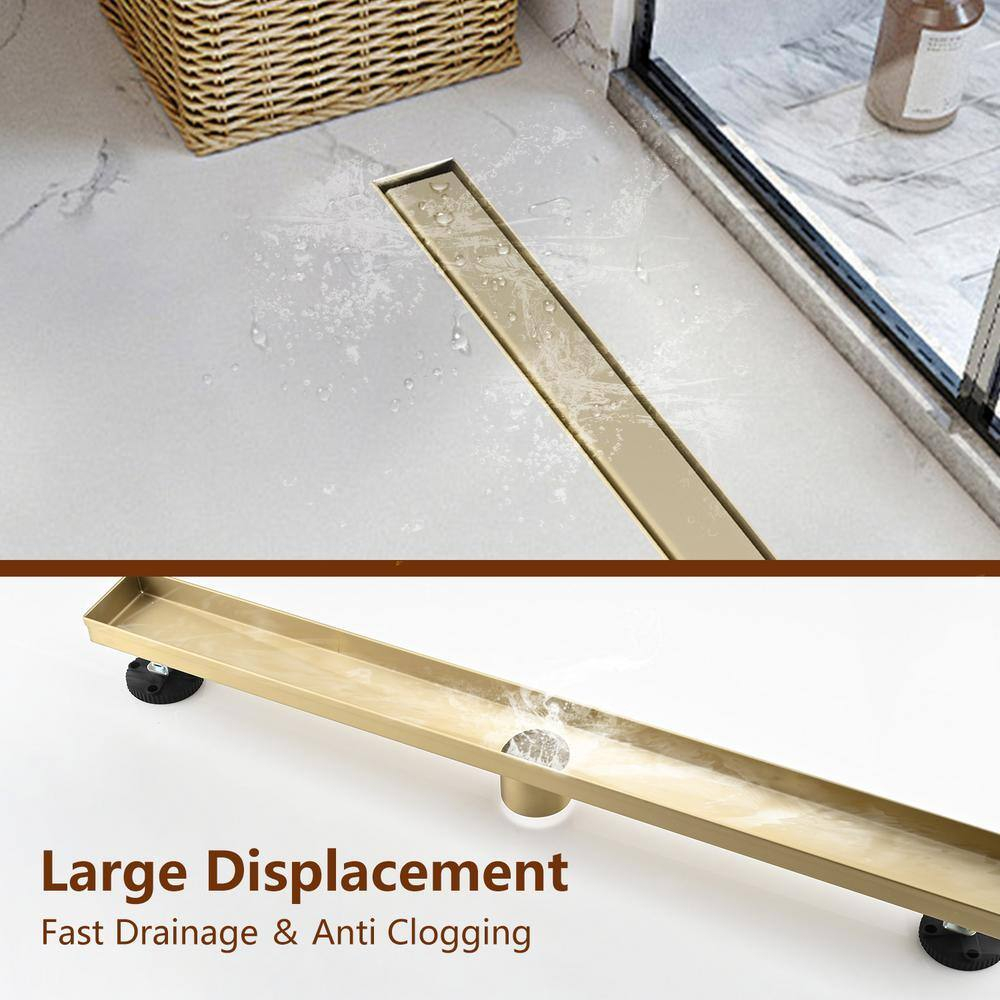 Linear Shower Floor Drain, Brushed Gold 30 Inch 304 Stainless Steel Bathroom Drains Kit, Rectangular Shower Trench Drain with Reversable Tile-in Pattern Drain Cover & Hair Catcher