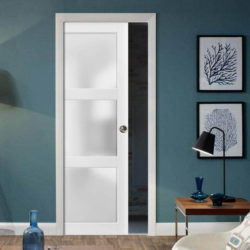 Panel Lite Pocket Door Frosted Glass | Lucia 2552 White Silk | Kit Trims Rail Hardware | Solid Wood Interior Pantry Kitchen Bedroom Sliding Closet Sturdy Doors