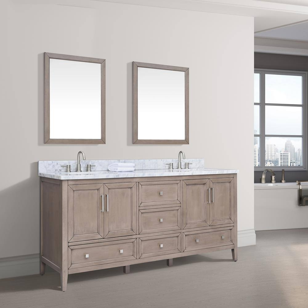 Gray Oak Double Vanity with Carrara White Marble Top