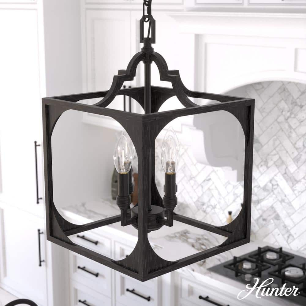 Hunter - Highland Hill 4-light Rustic Iron, Medium Size Pendant Light, Dimmable, Formal Style, Lantern Shaped, for Bedrooms, Kitchens, Dining, Living Rooms - 19283