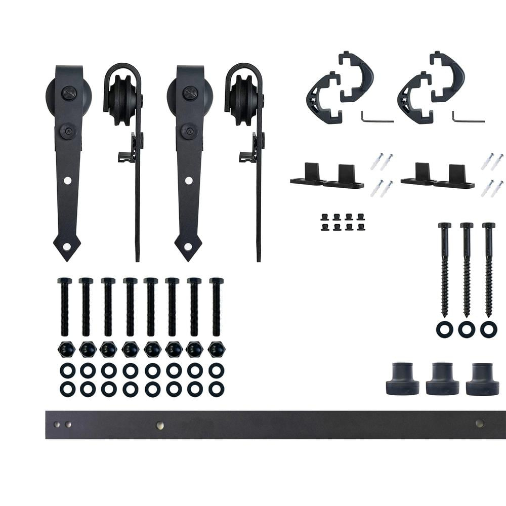 Homacer Black Rustic Sliding Barn Door Hardware Kit, for Two/Double Doors, 4.5ft Long Flat Track, Arrow Design Roller, Heavy Duty, for Interior & Exterior Use