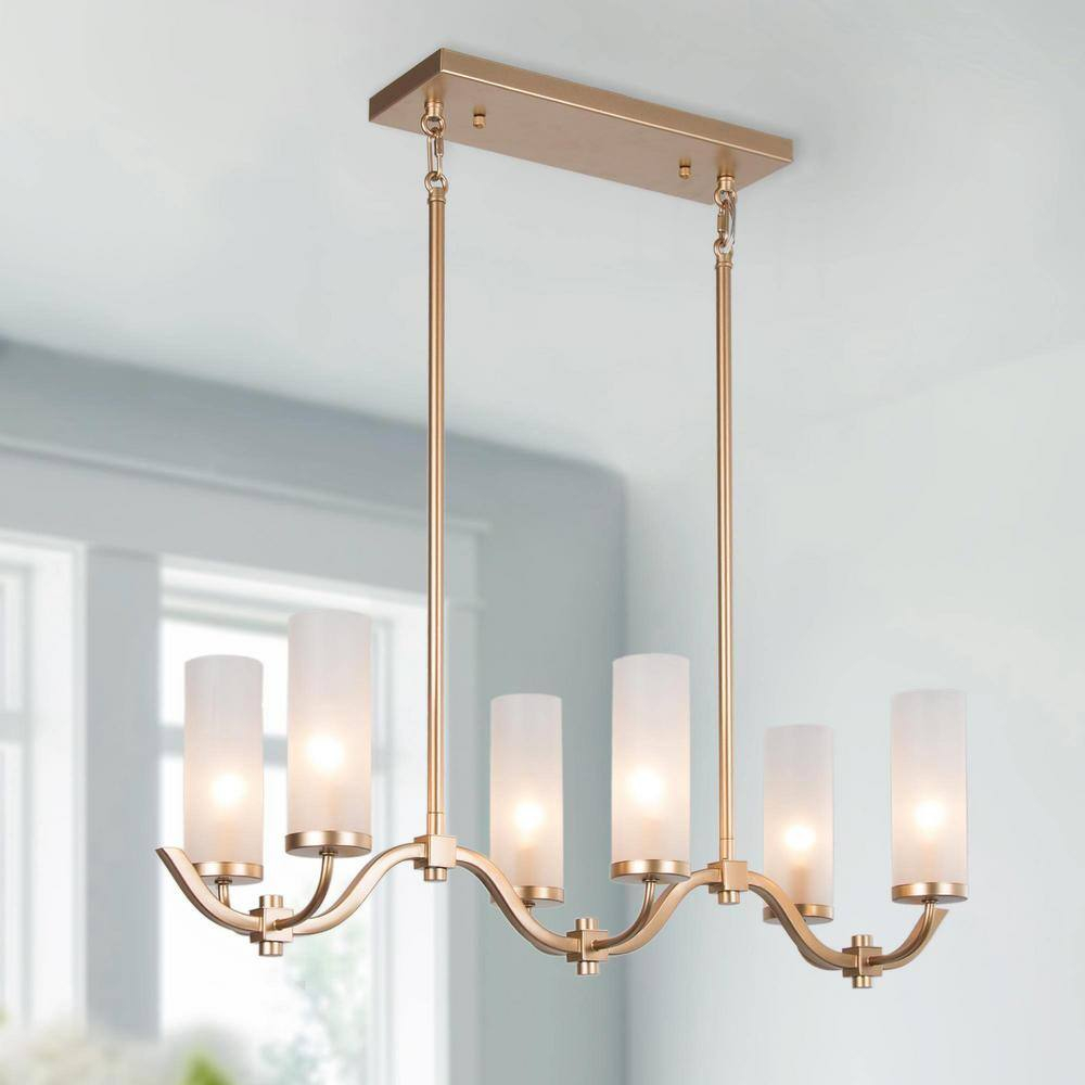 Modern Gold Linear Island Chandelier 6-Light Candlestick Chandelier with Cylinder Frosted Glass Shades