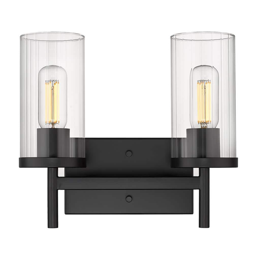 Golden Lighting Winslett 2-Light Vanity Light in Matte Black with Ribbed Clear Glass