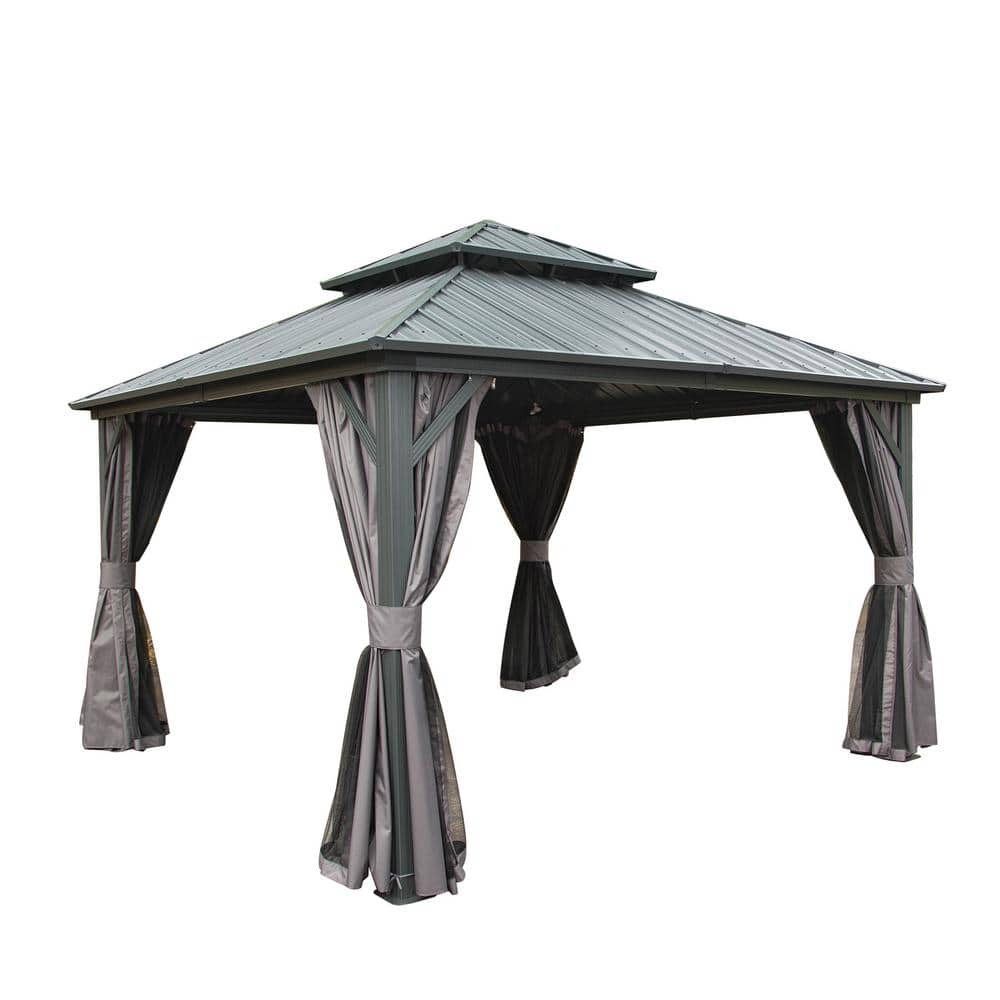 TOTAL Outdoor 10' x 12' Hardtop Gazebo, Galvanized Steel Double Roof Canopy W/Curtains and Netting, Drainage System, Sunshade for Deck, Lawns and Backyard, Gray.