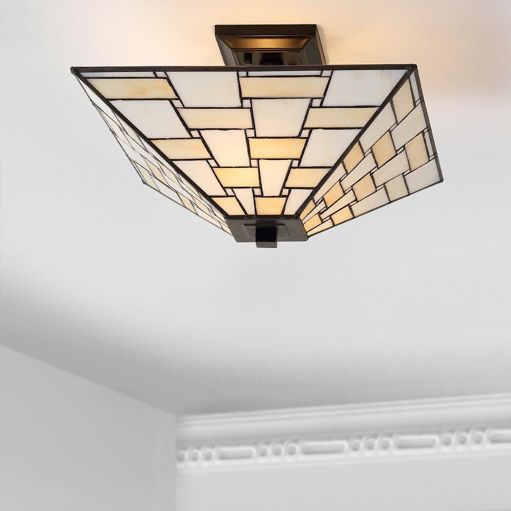 Jason 15.7 in. Tiffany-Style Glass/Metal White/Cream LED Semi-Flush Mount