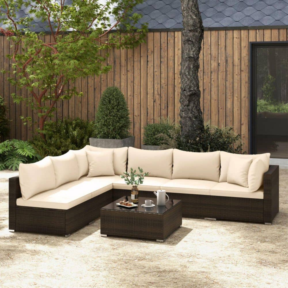 Topcobe 7 Pieces Patio Rattan Furniture Set with Sectional Sofa Cushions, Outdoor Patio Furniture-Beige