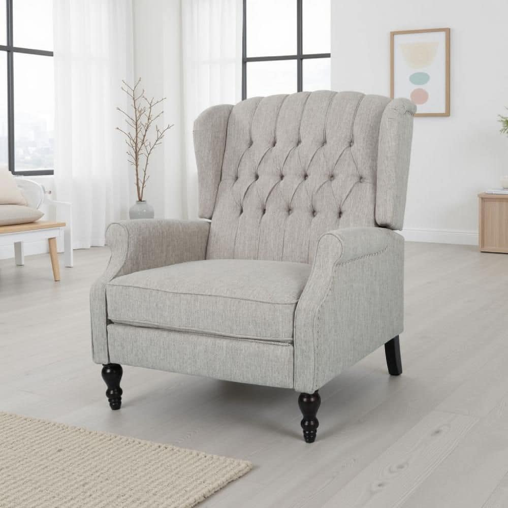 Benjara Jade Oversize Wide Chair Manual Recliner, Light Gray Tufted