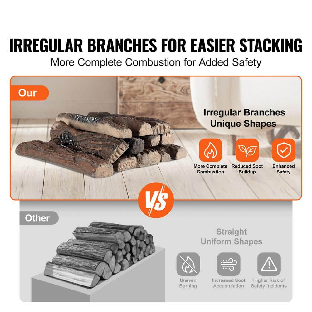 SKYSHALO 10 Piece Ceramic Fireplace Logs, Durable Decorative Logs for Gas Fireplaces, Realistic and Heat-Resistant, Ideal for Indoor and Outdoor Firebowls, Easily Stackable