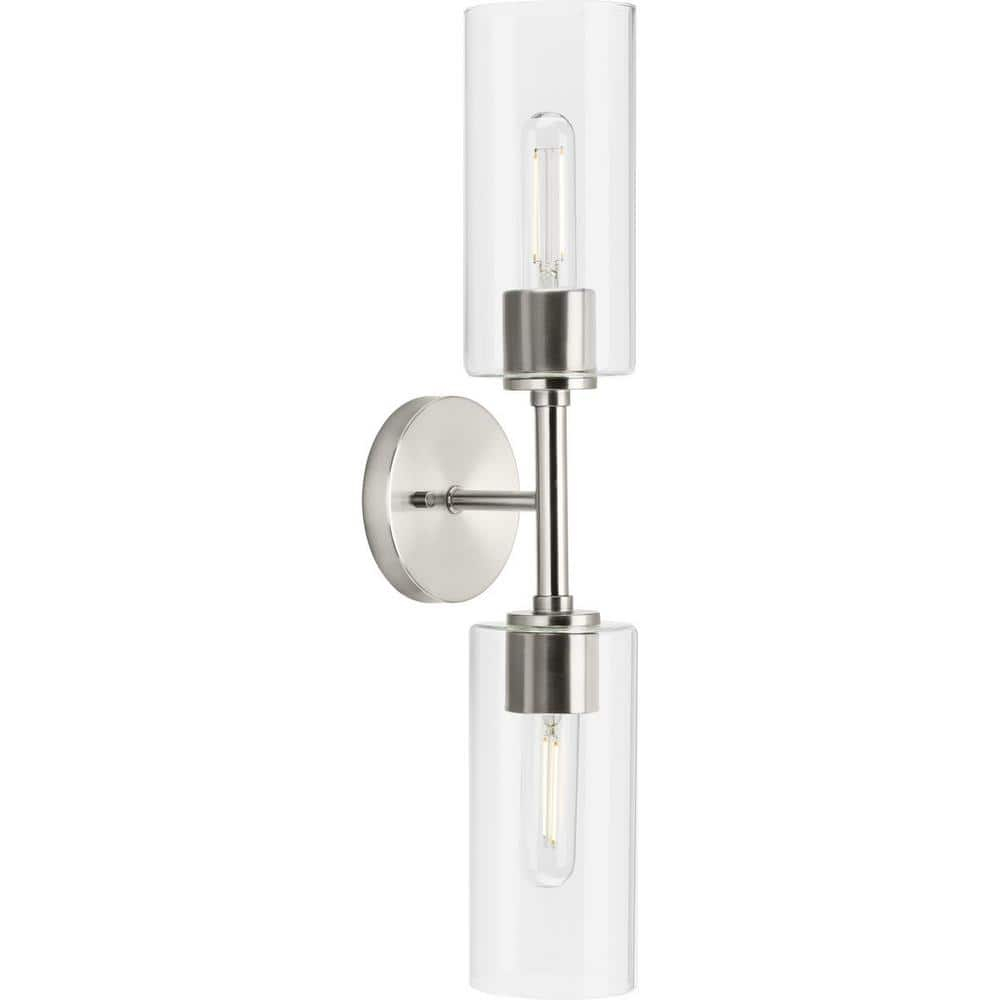 Progress Lighting Cofield 2-Light Wall Bracket, Brushed Nickel, Cylindrical Glass Shade