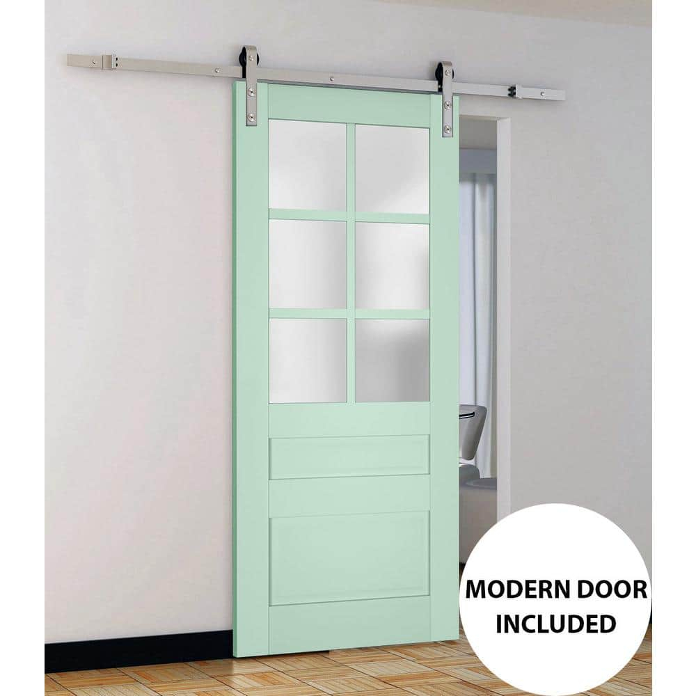 Sturdy Barn Door Frosted Glass | Veregio 7339 Oliva | 6.6FT Rail Hangers Heavy Hardware Set | Solid Panel Interior Doors-28" x 96"-Silver Rail