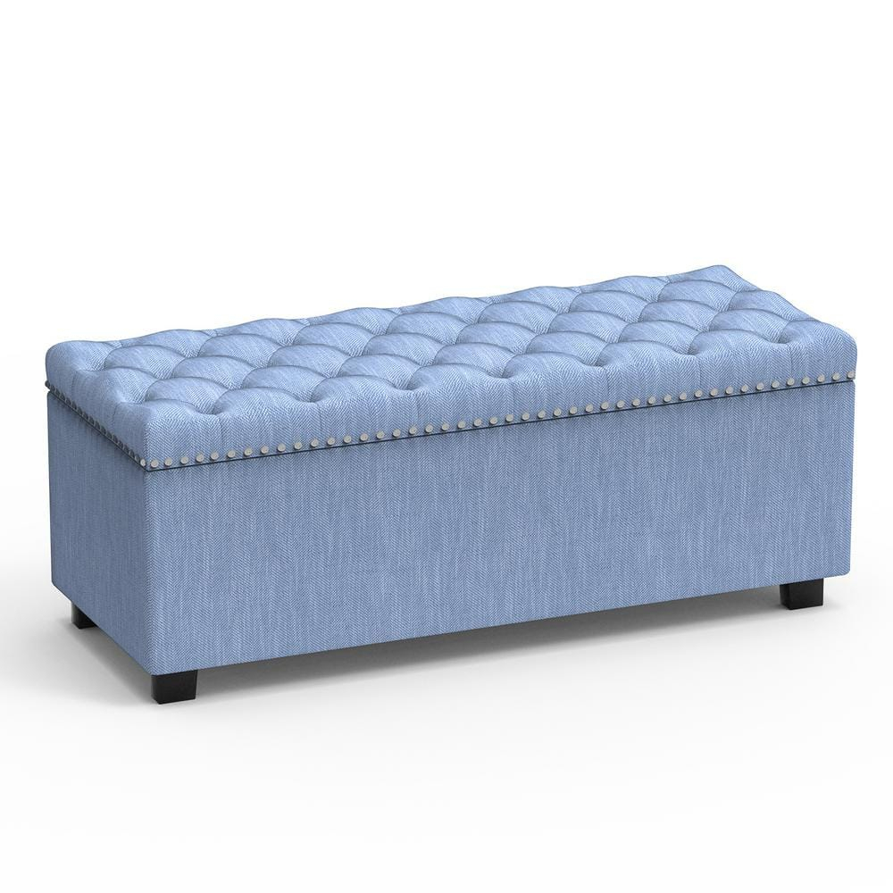 Nathaniel Home, Modern Storage Ottomans, Rectangular Ottomans with Storage, Nailhead Trim Ottomans, Upholstered Ottoman Coffee Table for Bedroom Blue