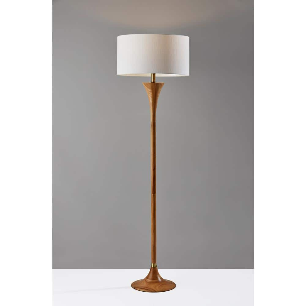 Adesso Rebecca Floor Lamp Natural Rubberwood Base with Antique Brass Accent, Wood Base, White Textured Fabric Shade