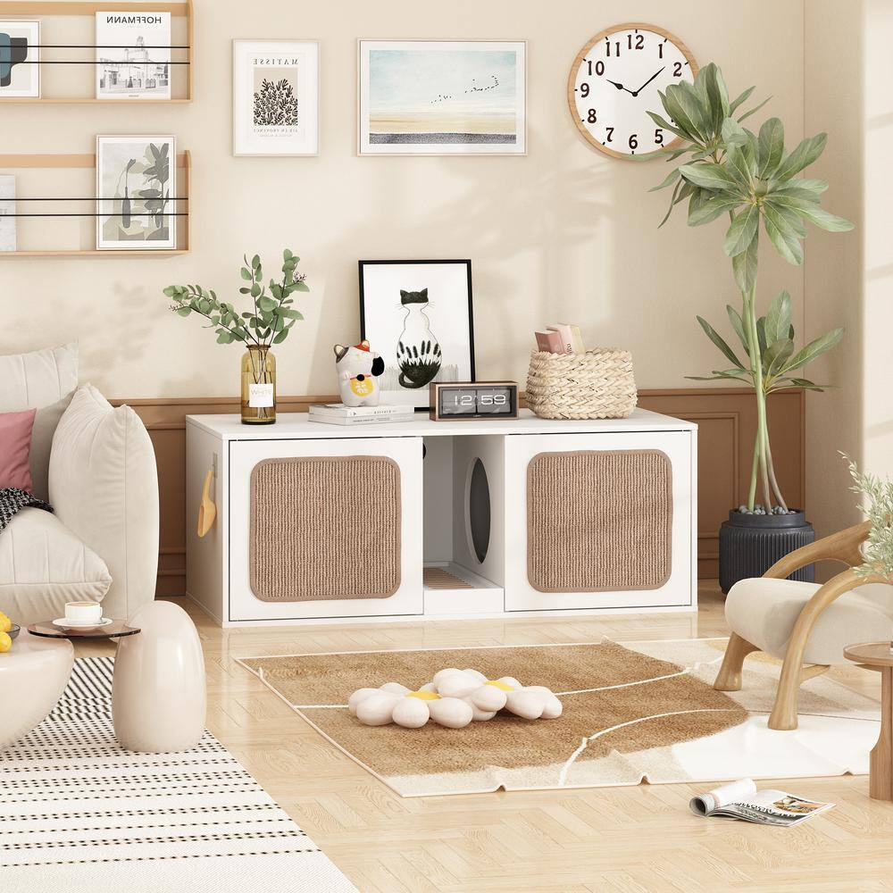 Wooden Hidden Cat Litter Box with 2 Sisal Doors, Litter Box Enclosure Washroom Storage Cabinet Bench End Table