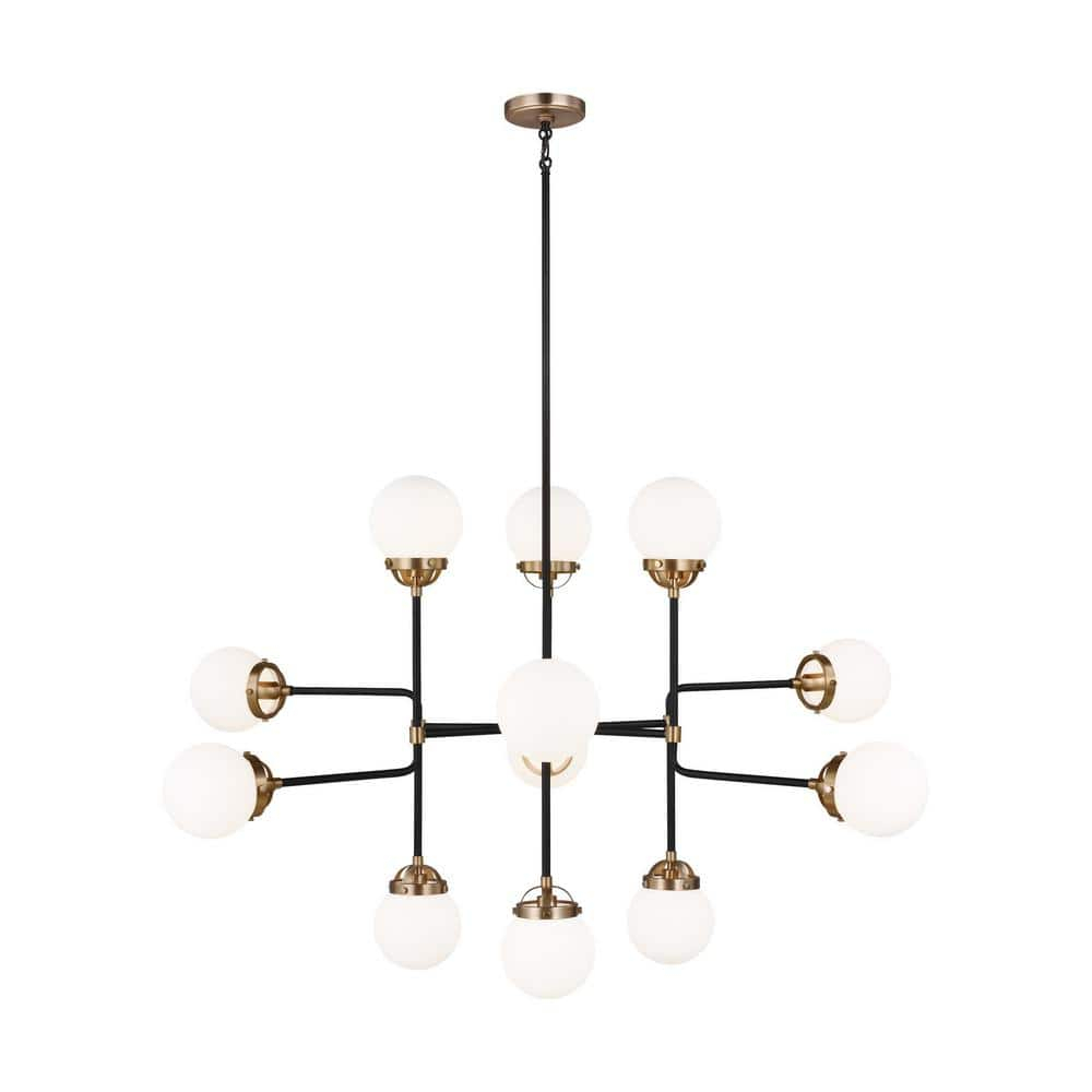 Cafe 12-Light Satin Brass Industrial Hanging Chandelier with Etched/White Inside Glass Shades