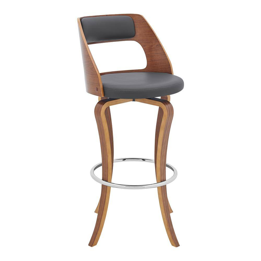 30 in. Grady Swivel Gray Faux Leather & Walnut Wood Bar Stool,