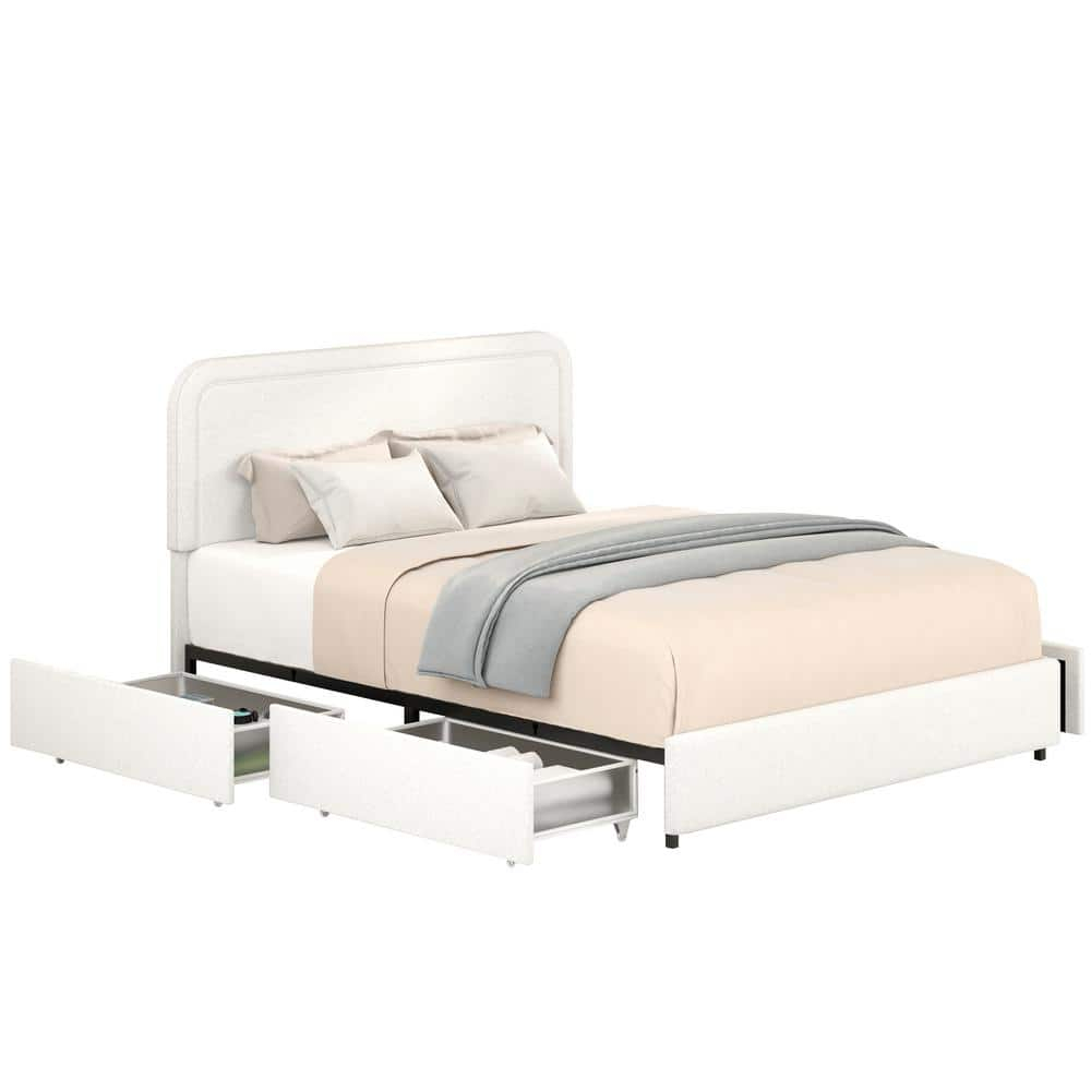 imerelez Anda Queen Size Ivory Boucle Upholstered Platform Bed with Patented 4 Drawers Storage, Tufted Headboard, Wooden Slat Mattress Support, No Box Spring Needed
