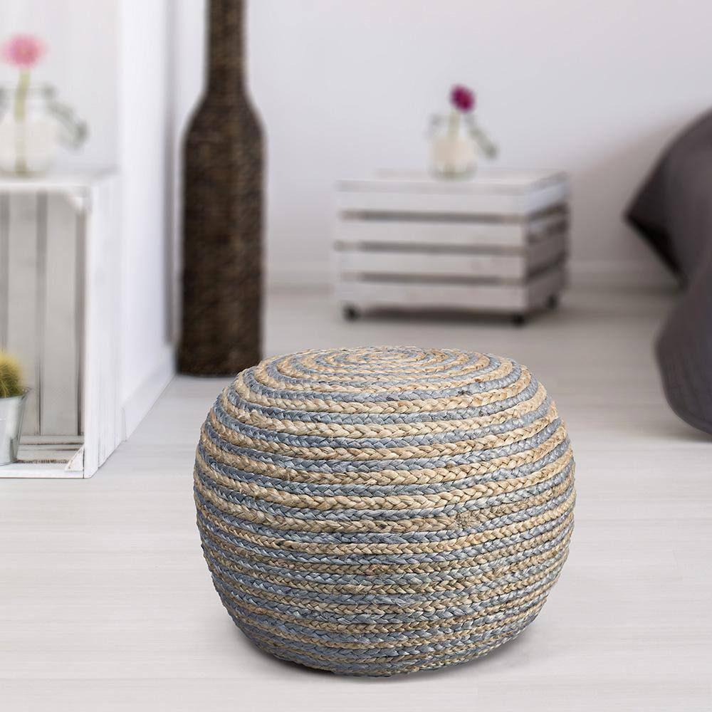 LR Home Savanna Round Grey/Natural Striped Indoor Pouf Ottoman, 20" H x 14" W